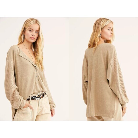 We The Free Back At It Henley Top XS Tan Oversized Slouchy Dolman Sleeves Casual - Picture 2 of 16